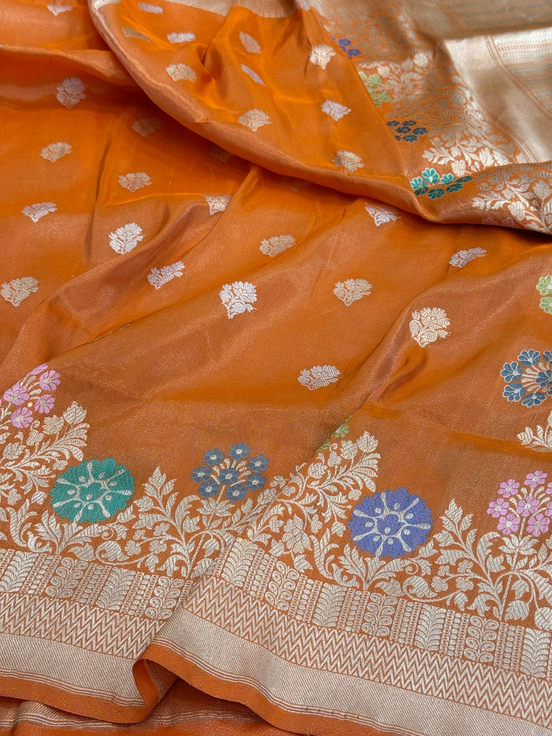 Orange Handwoven Pure Banarasi Tissue Silk Saree – Kadwa Weave | Lightweight Katan-Tissue Silk | Modern Skirt Design