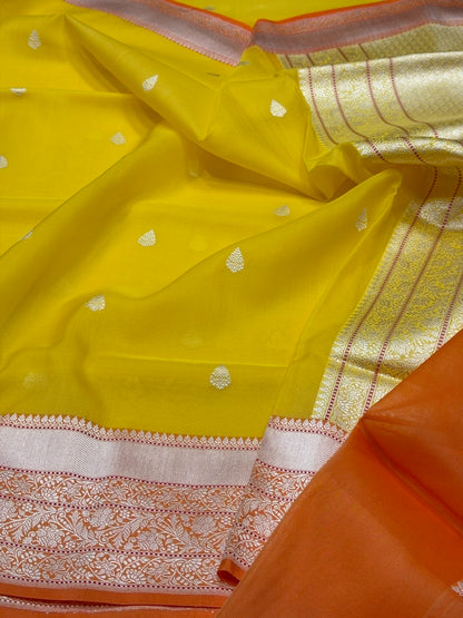 Yellow Handwoven Pure Organza Silk Saree