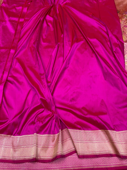 Rani Pink Handwoven Kimkhab Pure Banarasi Silk Brocade Saree – 100% Katan Mulberry Silk