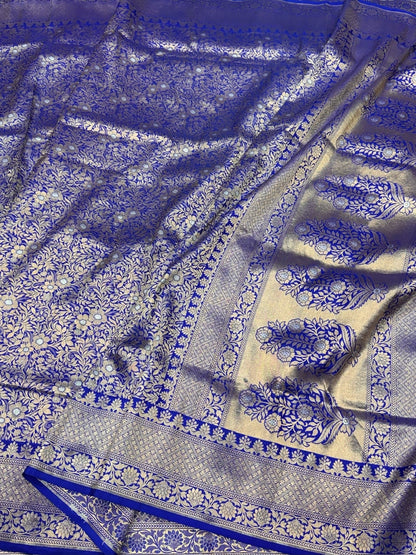 Royal Blue Banarasi Pure Silk Brocade Saree | 100% Pure Katan Silk with Gold &amp; Silver Work