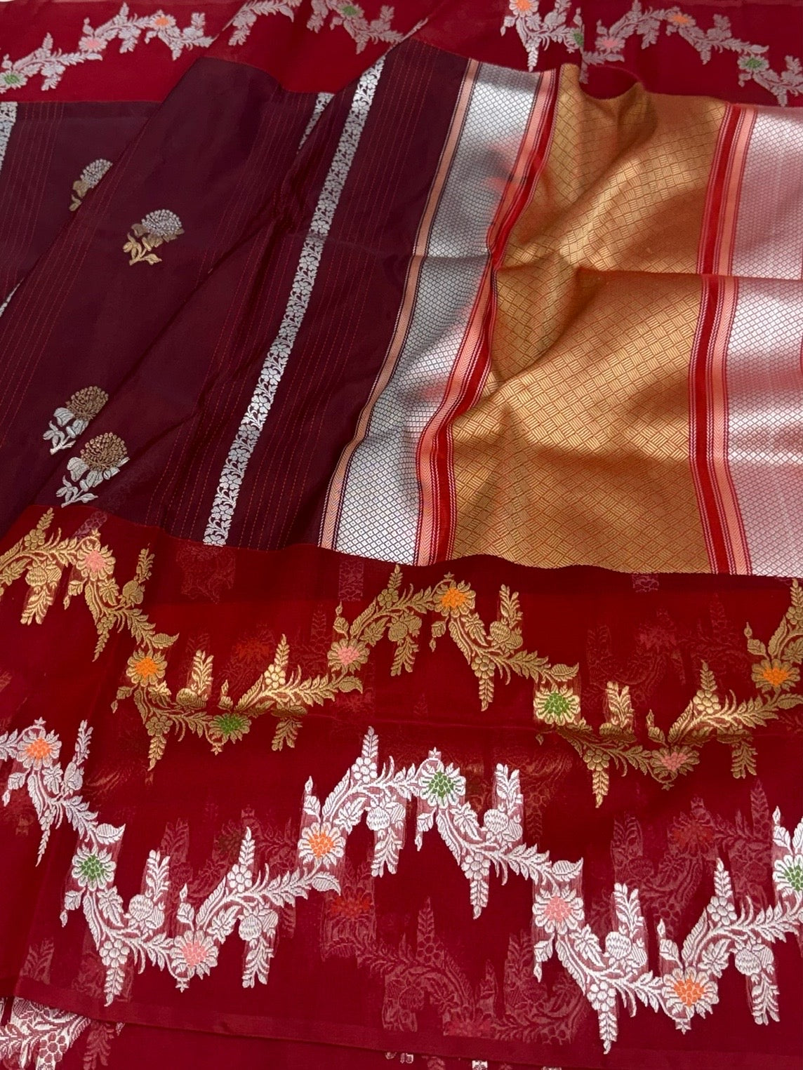 Red /Wine Handwoven Pure Organza Silk Saree