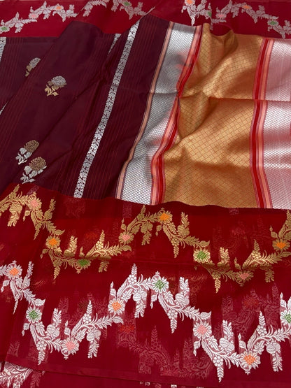 Red /Wine Handwoven Pure Organza Silk Saree