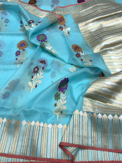 Sea Blue Handwoven Pure Organza Jamdani Saree