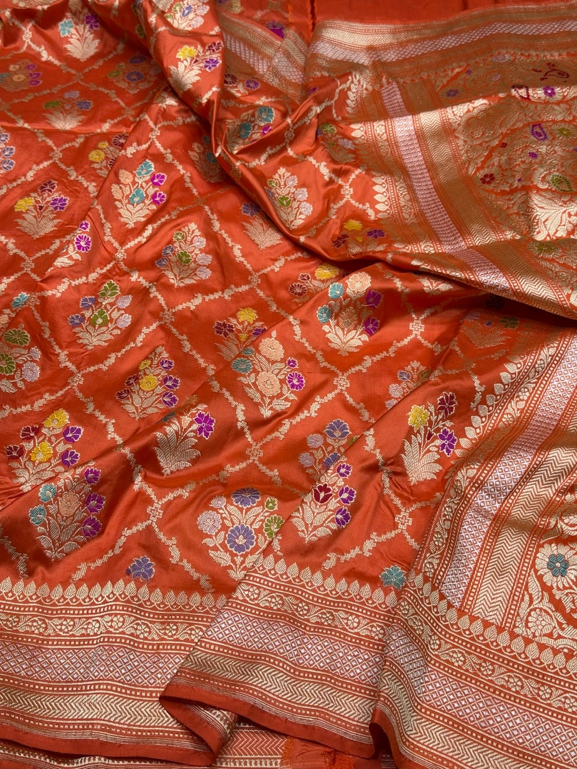 Orange Handwoven Pure Banarasi Silk Saree | Pure Katan Silk | Kadwa Weave | HMR Handlooms