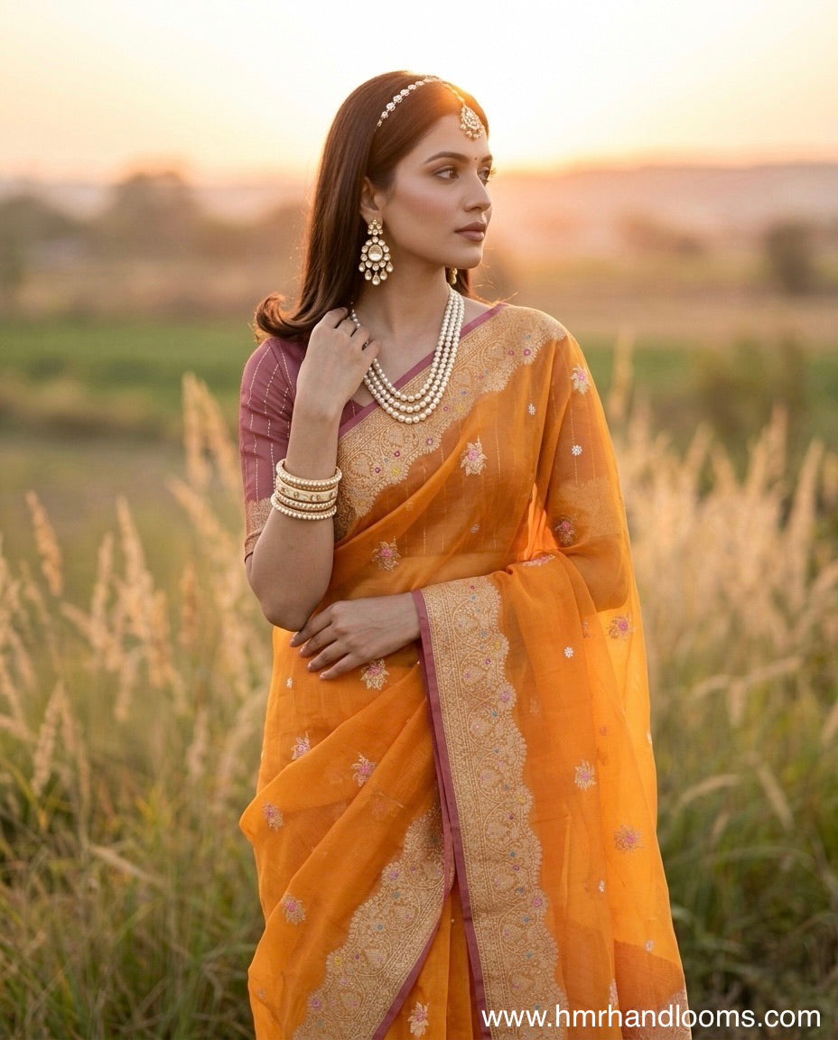 Orange Handwoven Banarasi Pure Organza Silk Saree