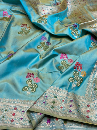 Sea Blue Handwoven Pure Banarasi Ektara Silk Saree