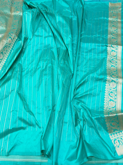 Sky Blue &amp; Purple Handwoven Pure Banarasi Silk Saree – Kadwa Weave in 100% Katan Mulberry Silk