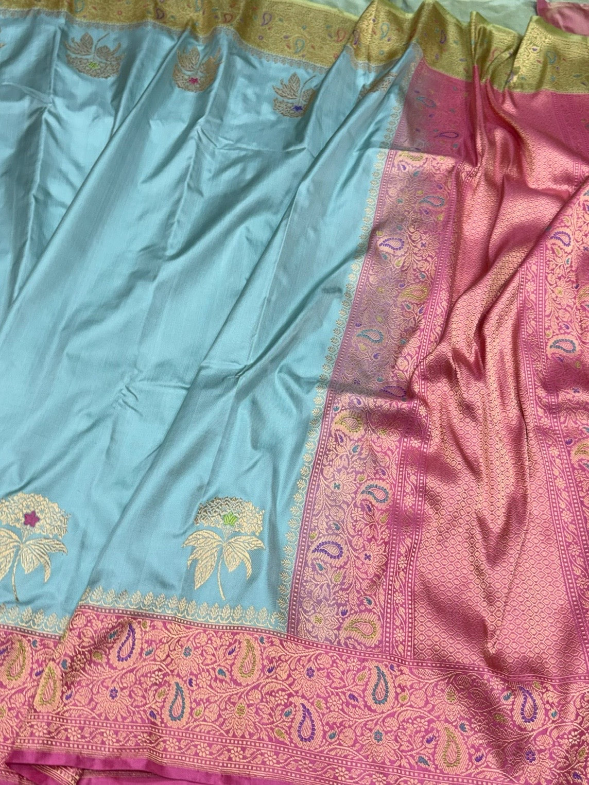 Sky Blue Handwoven Pure Banarasi Ektara Silk Saree – Kadwa Iktara Weave