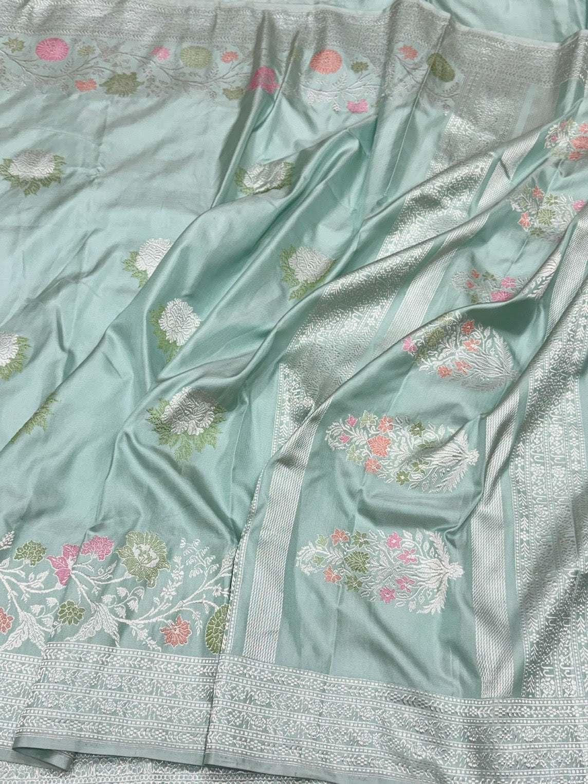 Sea Blue Handwoven Pure Banarasi Ektara Silk Saree – Kadwa Iktara Weave, Pure Mulberry Silk