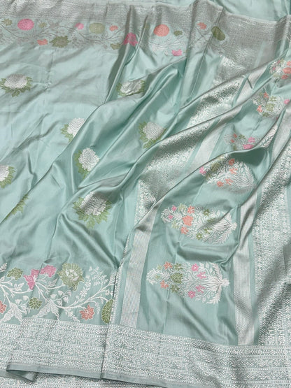 Sea Blue Handwoven Pure Banarasi Ektara Silk Saree – Kadwa Iktara Weave, Pure Mulberry Silk