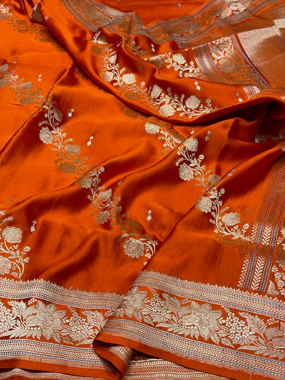 Orange Handwoven Pure Mashru Banarasi Satin Silk Saree – Kadwa Weave | Authentic Banaras Handloom
