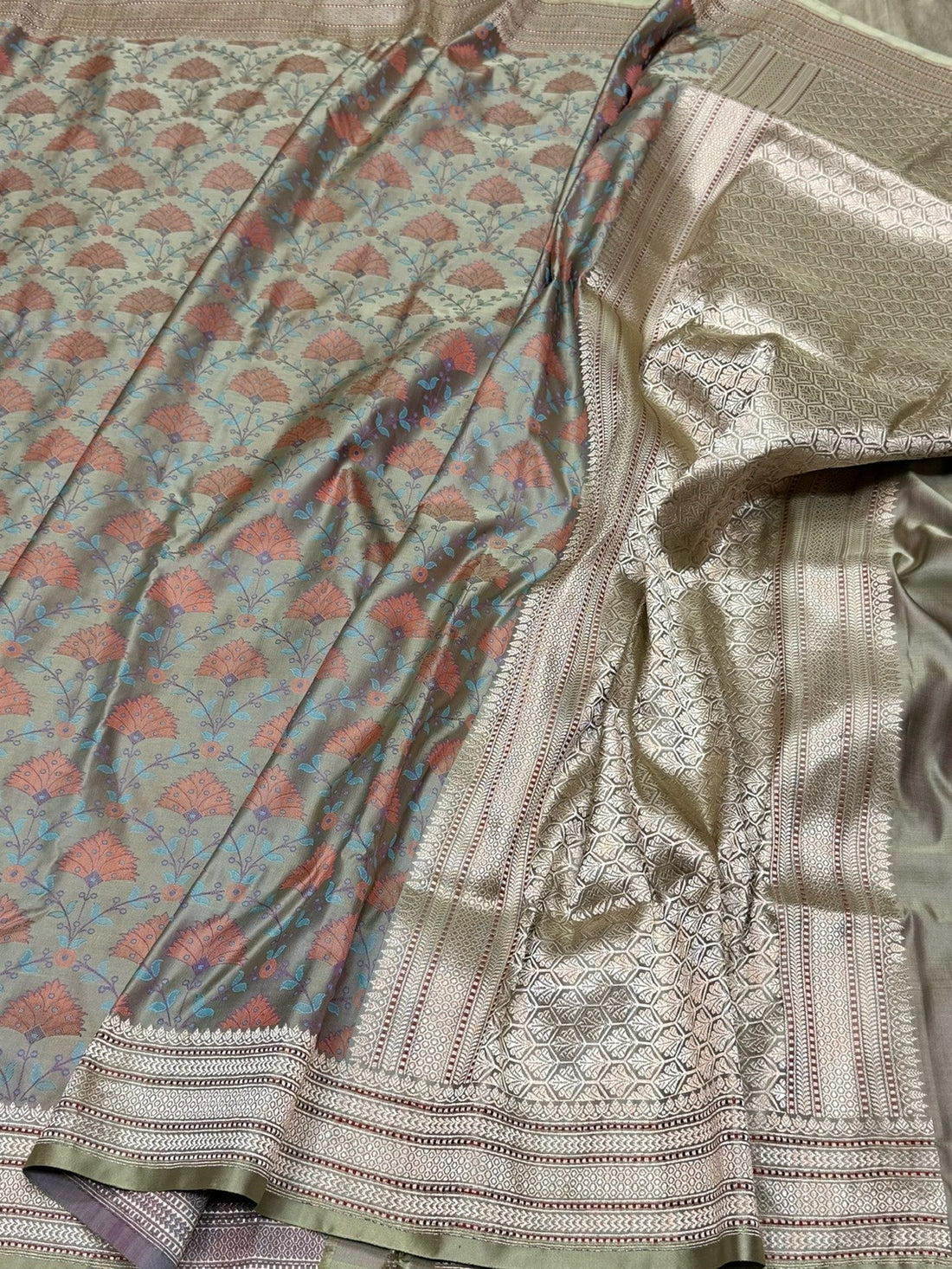 Light Olive Handwoven Pure Banarasi Satin Tanchoi Silk Saree – 100% Pure Satin Silk, Intricate Kadwa Weave