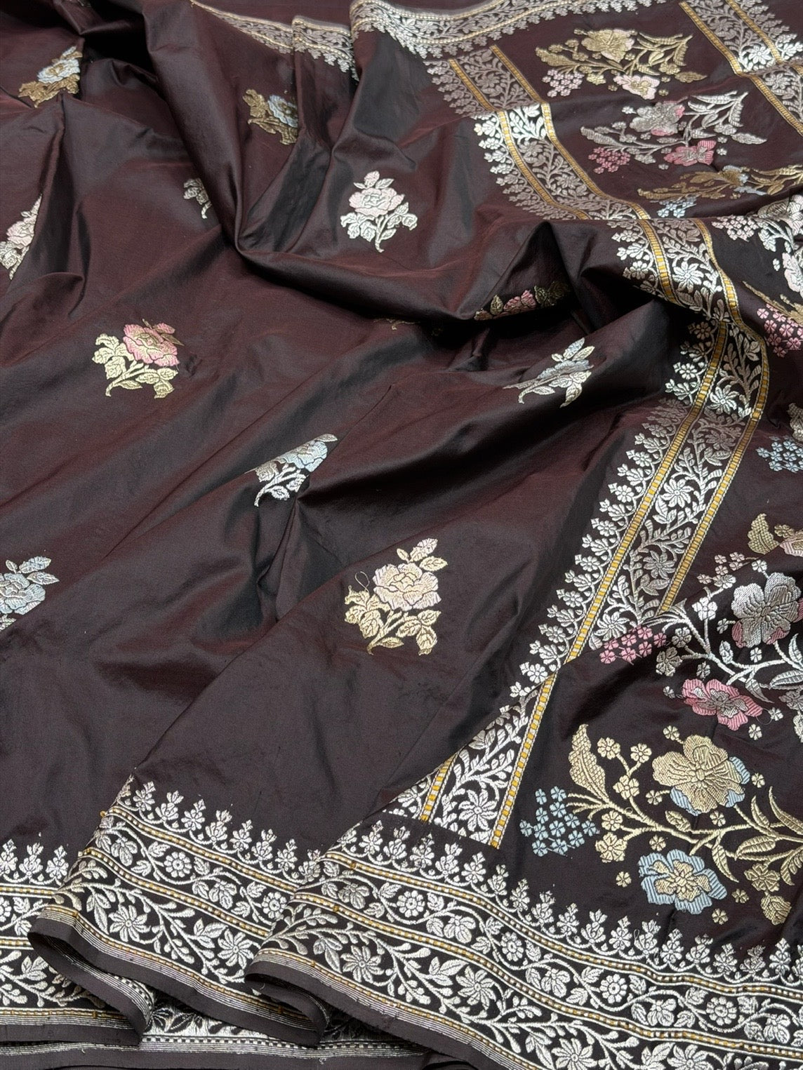 Coffee Brown Handwoven Pure Banarasi Silk Saree – Kadwa Weave, Pure Katan-Mulberry Silk