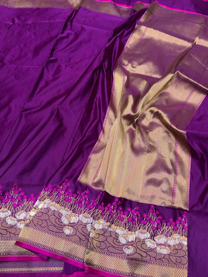 Purple Handwoven Pure Banarasi Mashru Satin Silk Saree