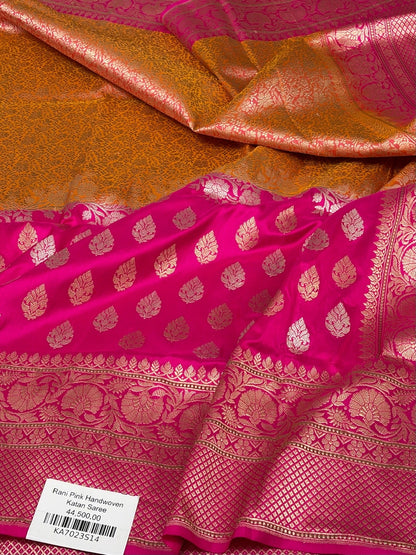 Rani Pink Handwoven Banarasi Katan Silk Saree – Luxury Kadwa Handloom