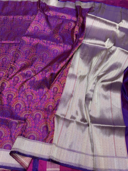 Purple Handwoven Pure Banarasi Satin Tanchoi Silk Saree – 100% Pure Satin Silk, Intricate Kadwa Weave