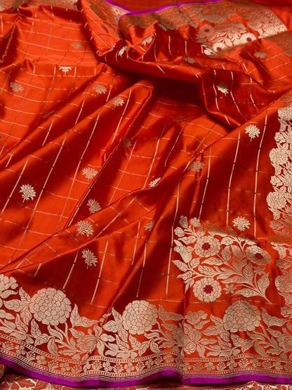 Orange Handwoven Pure Banarasi Mashru Satin Silk Saree
