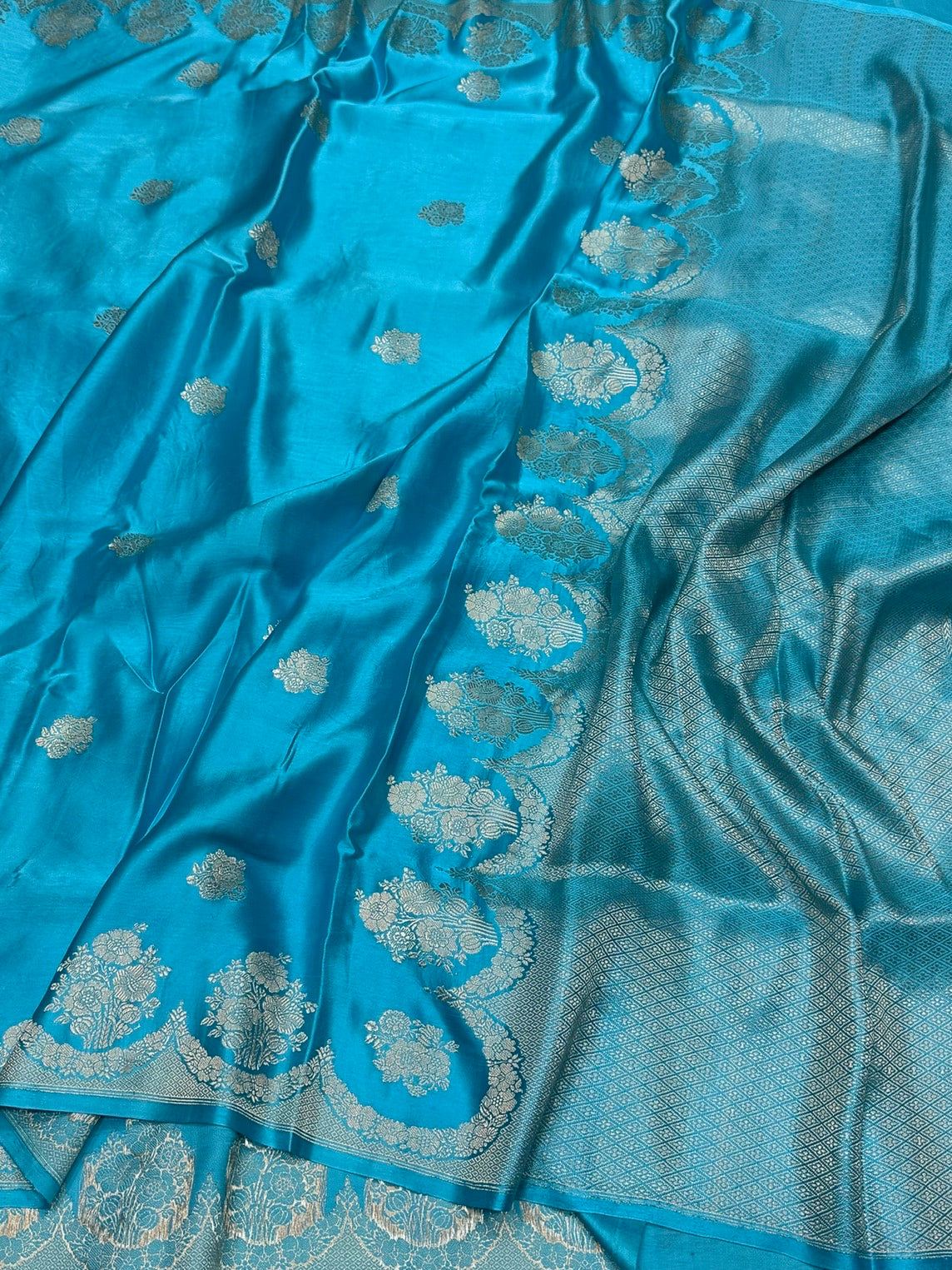 Sky Blue Handwoven Pure Mashru Banarasi Satin Silk Saree – Kadwa Weave | Authentic Banaras Handloom