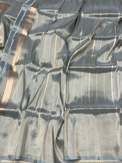 Ash Grey Handwoven Pure Banarasi Tissue Silk Saree
