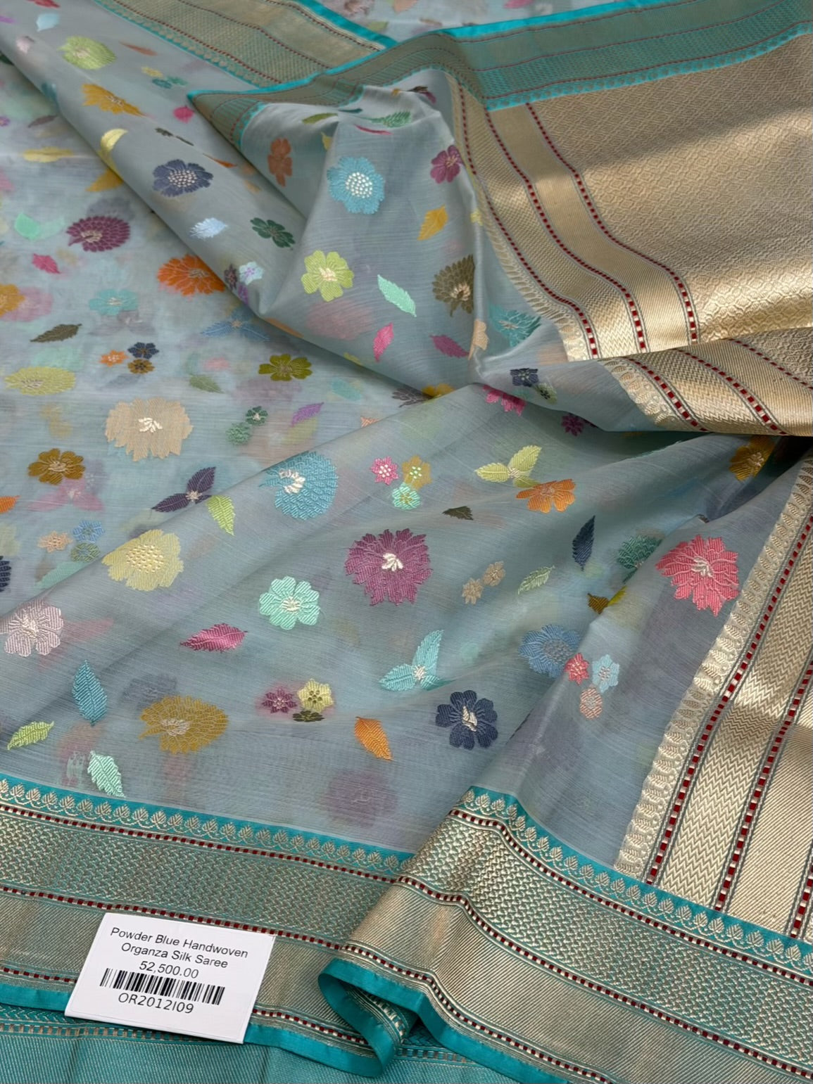 Powder Blue Handwoven Pure Banarasi Organza Silk Saree