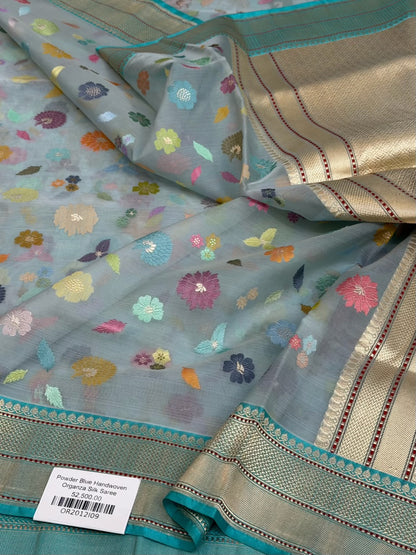 Powder Blue Handwoven Pure Banarasi Organza Silk Saree
