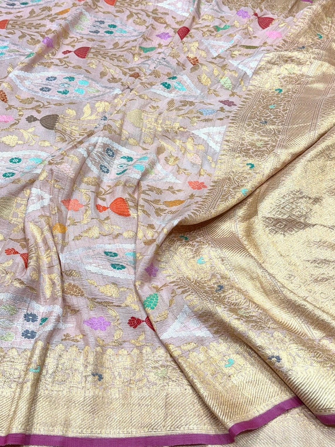 Baby Pink Handwoven Pure Banarasi Tussar Georgette Saree