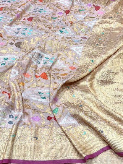 Baby Pink Handwoven Pure Banarasi Tussar Georgette Saree