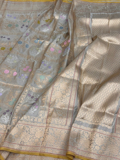 Platinum Grey Handwoven Banarasi Pure Katan Silk Saree