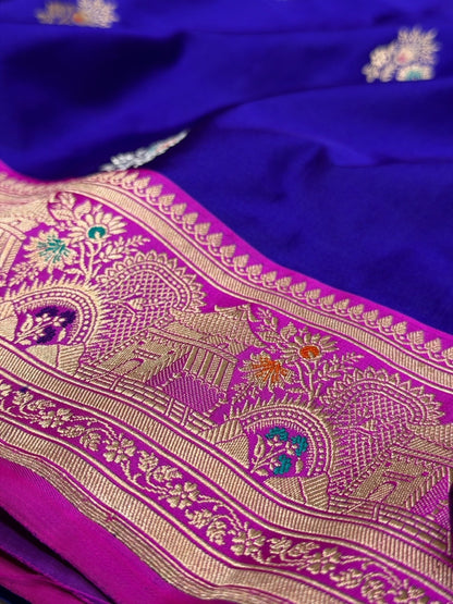 Royal Blue Handwoven Pure Banarasi Satin Silk Saree – Authentic Kadwa Weave