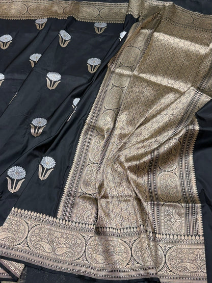 Black Handwoven Pure Banarasi Silk Saree – Katan Silk | Kadwa Weave | Elegant Traditional Banarasi Saree
