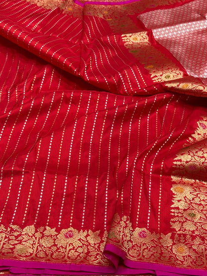 Red Handwoven Pure Banarasi Silk Saree – Kadwa Weave in 100% Katan Mulberry Silk