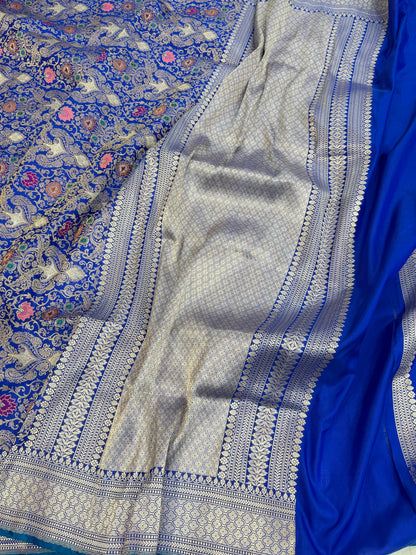 Royal Blue Handwoven Pure Katan Silk Banarasi Kimkhab  Brocade Saree