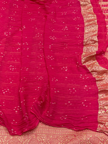 Orangish Pink Banarasi Pure Bandhej Georgette Saree – Luxury Cutwork Brocade Festive Saree