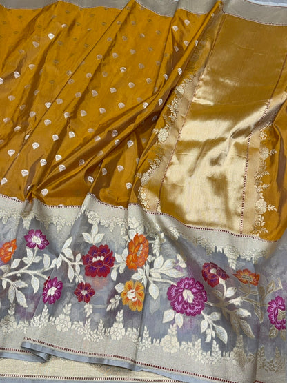 Mustard Yellow Handwoven Pure Banarasi Katan Silk Saree – Kadwa Iktara Weave, Organza Skirt Border Pure Mulberry Silk