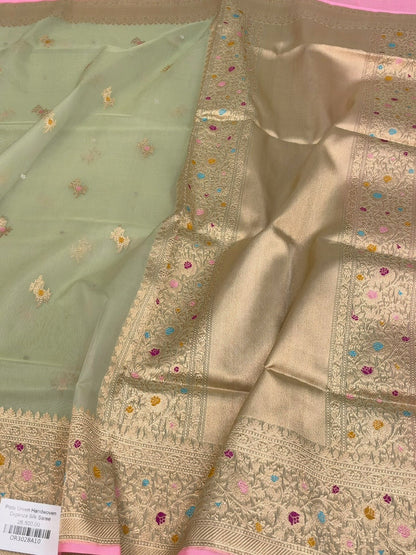 Pista Green Handwoven Banarasi Pure Organza Silk Saree – Luxury Kadwa Handloom Saree