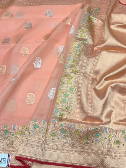 Peach Handwoven Pure Organza Silk Saree