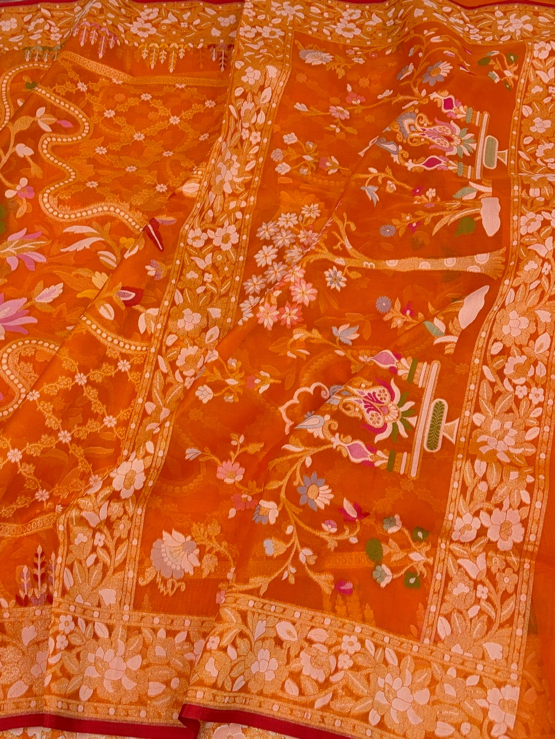 Orange Banarasi Pure Kora Jamdani Saree