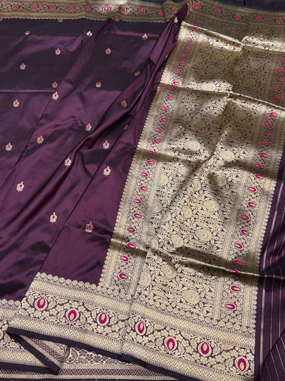 Wine Handwoven Pure Banarasi Silk Saree
