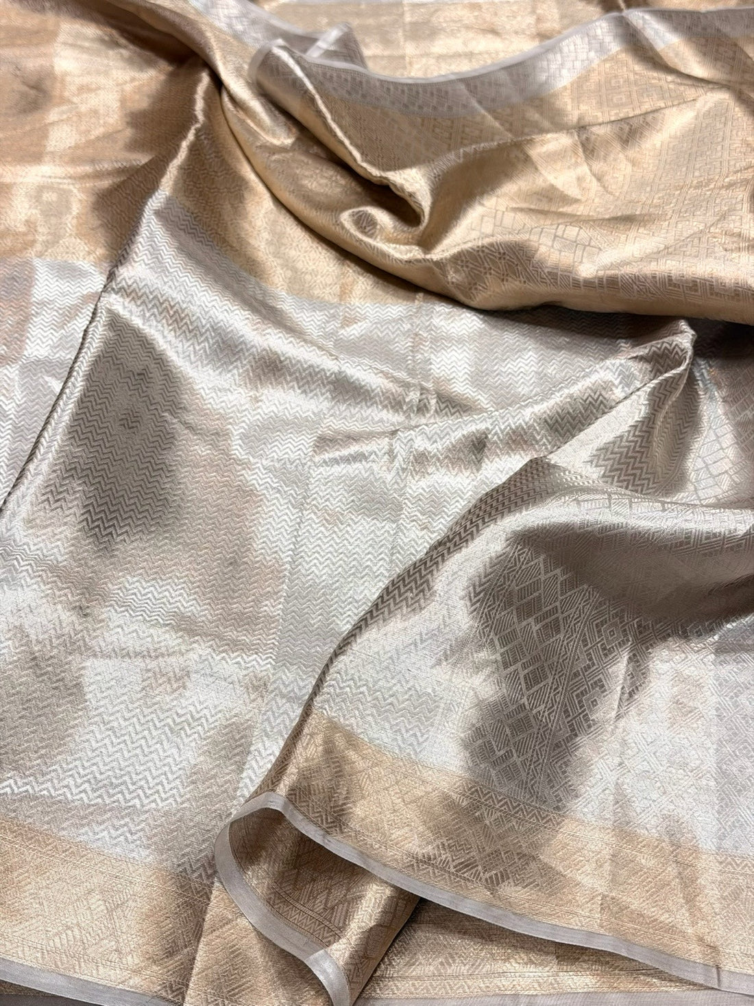 Silver &amp; Gold Banarasi Pure Tissue Silk Brocade Saree – Luxury Cutwork Handloom