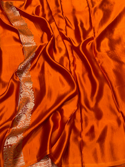 Orange Handwoven Pure Mashru Banarasi Satin Silk Saree