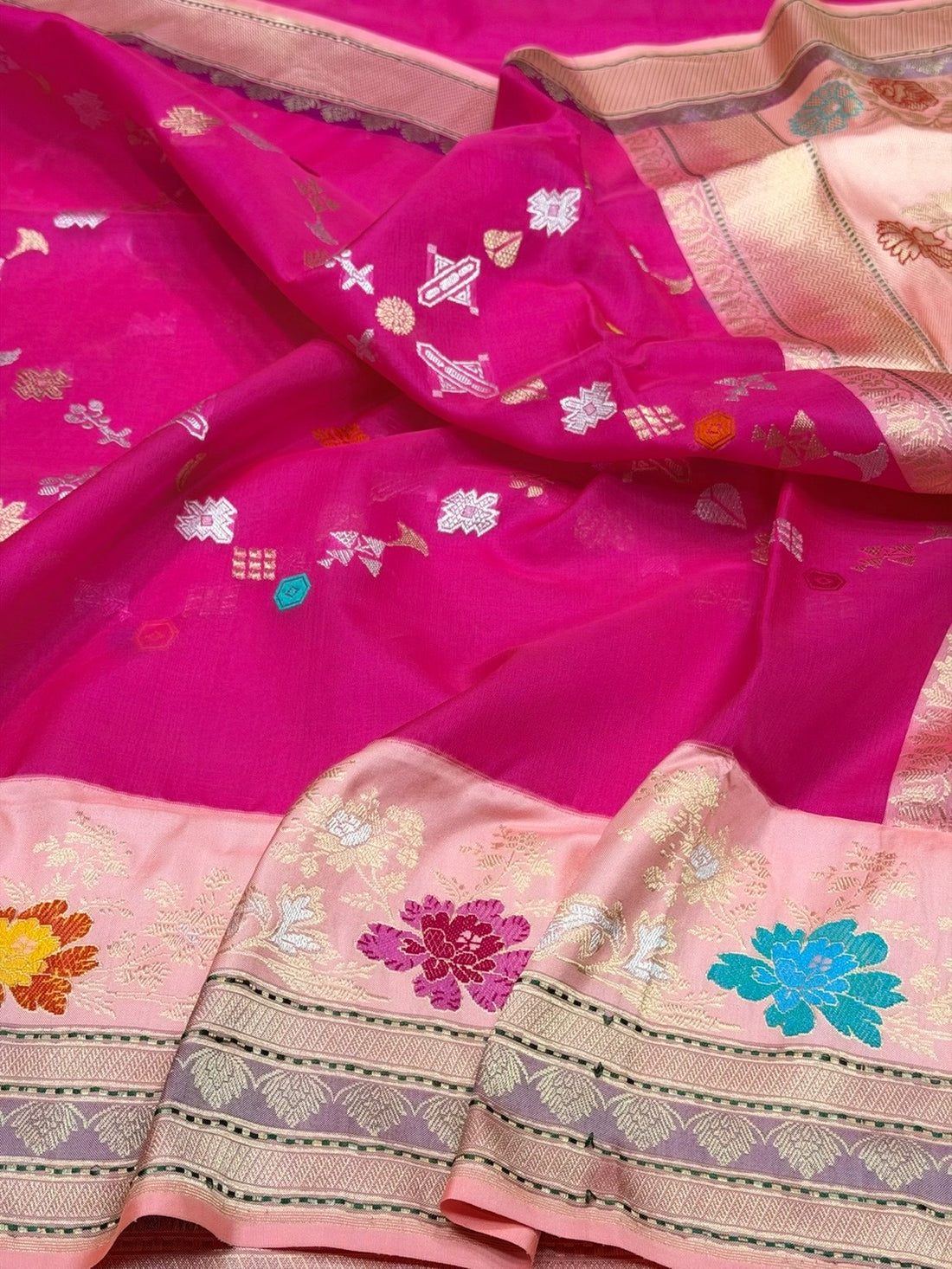 Rani Pink Handwoven Pure Organza Banarasi Silk Saree – Kadwa Weave | Pure Kora–Mulberry Silk Saree