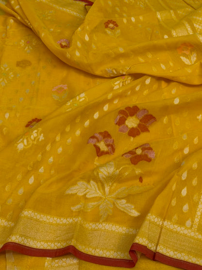 Yellow Pure Muslin Cotton Jamdani Saree