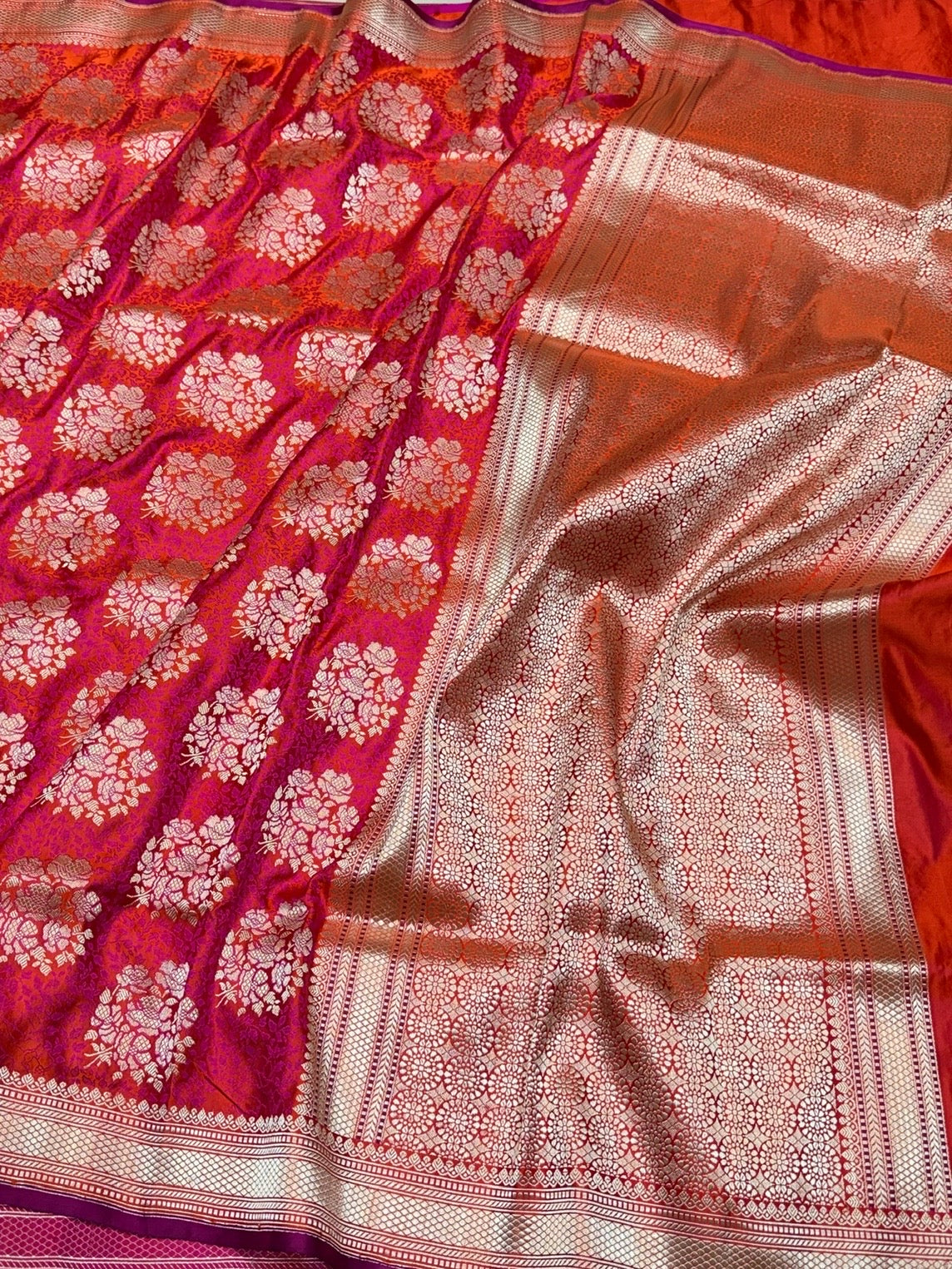 Orangish Pink Handwoven Pure Banarasi Satin Tanchoi Silk Saree – Kadwa Weave | Authentic Banaras Handloom