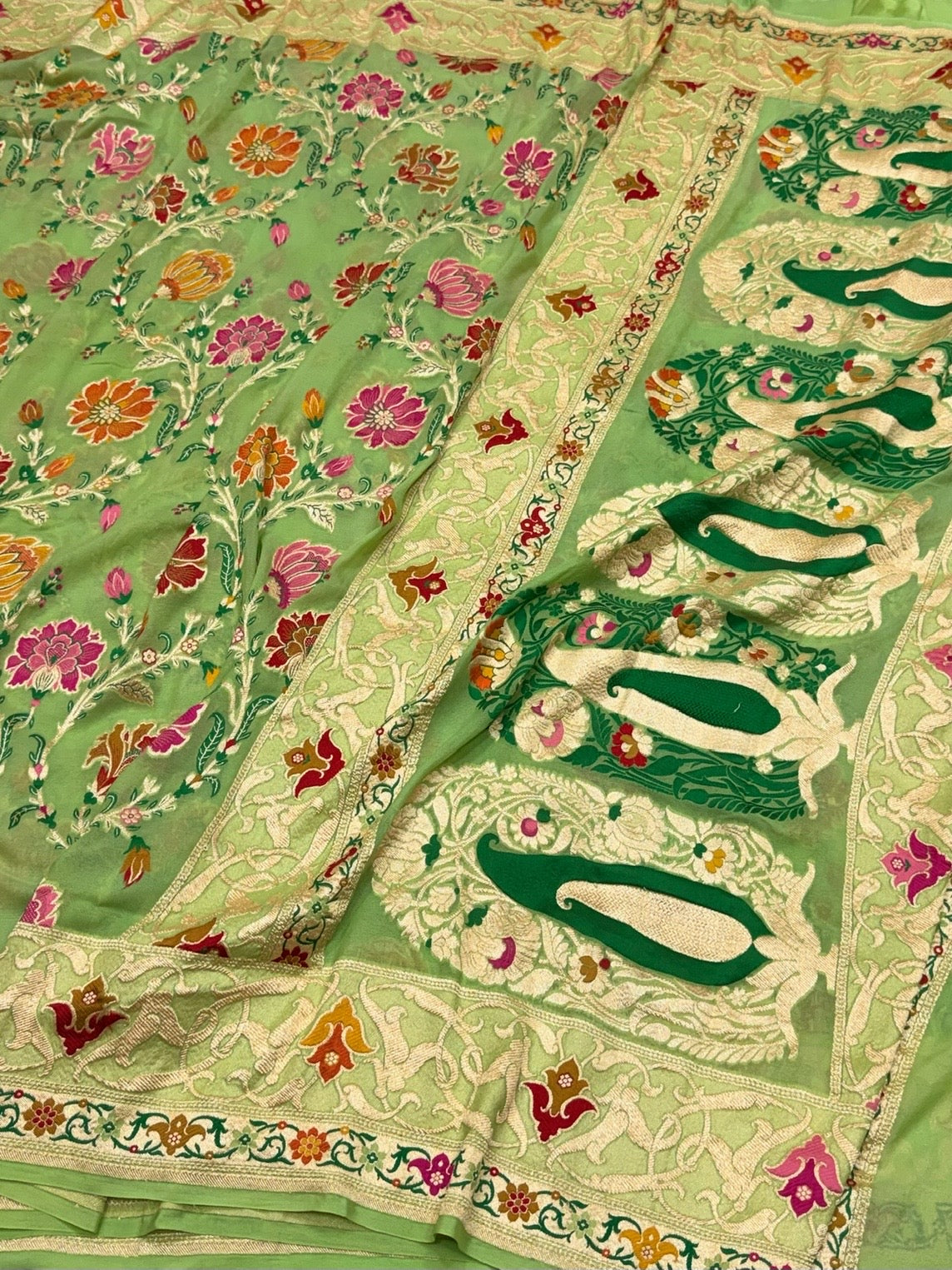 Apple Green Pure Banarasi Minakari Chiffon Georgette Saree