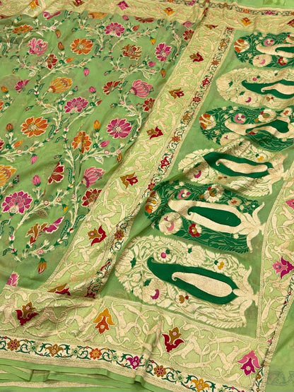 Apple Green Pure Banarasi Minakari Chiffon Georgette Saree