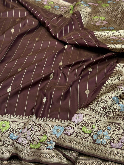 Chocolate Brown Handwoven Pure Banarasi Silk Saree – Katan Silk with Kadwa Weave &amp; Skirt Pattern Design