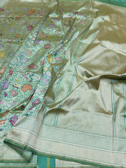 Sea Green Handwoven Kimkhab Pure Banarasi Silk Brocade Saree