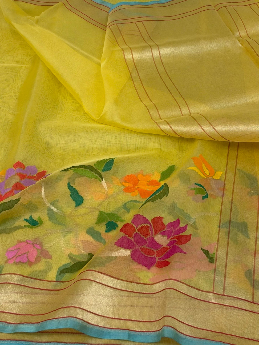 Yellow Handwoven Pure Banarasi Kora Jamdani Silk Saree