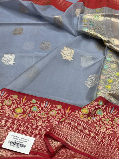 Bluish Grey Handwoven Pure Organza Silk Saree