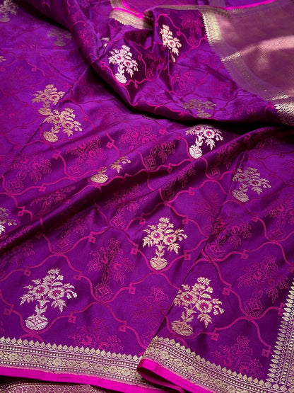 Purple Handwoven Pure Banarasi Satin Silk Saree